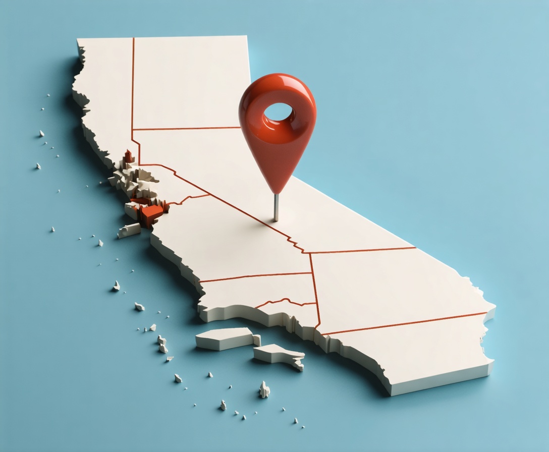 Детальная минималистичная 3D карта расположения центрального офиса AI Analytics School в Лонг-Бич, Калифорния