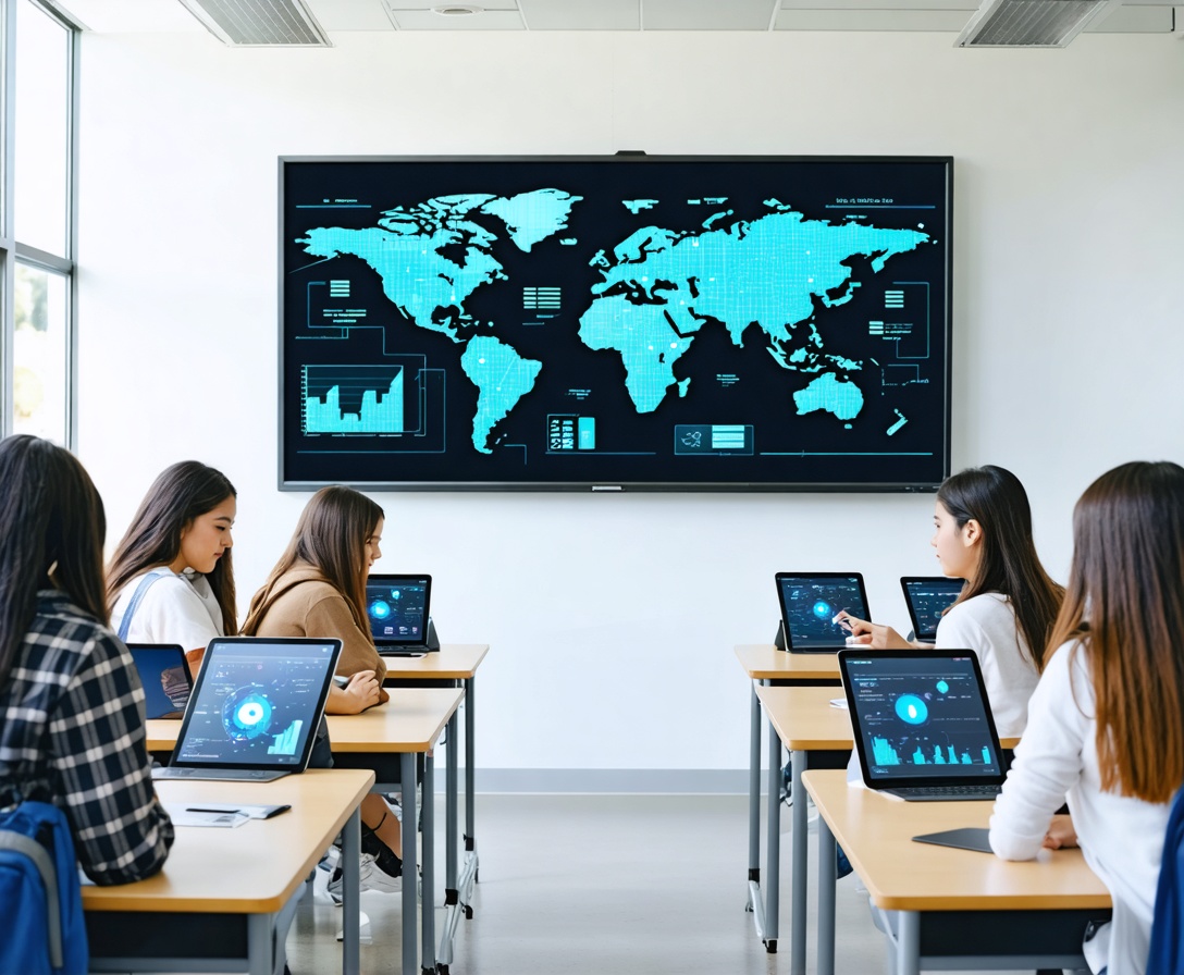 Современный школьный класс в Калифорнии, где ученики используют планшеты для обучения и анализа данных